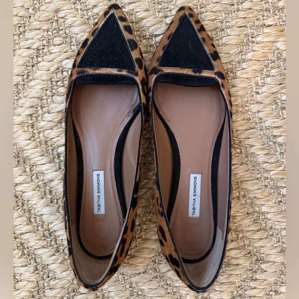 Tabitha Simmons Leopard-Print Pointed Haircalf Flats with Black Trim
